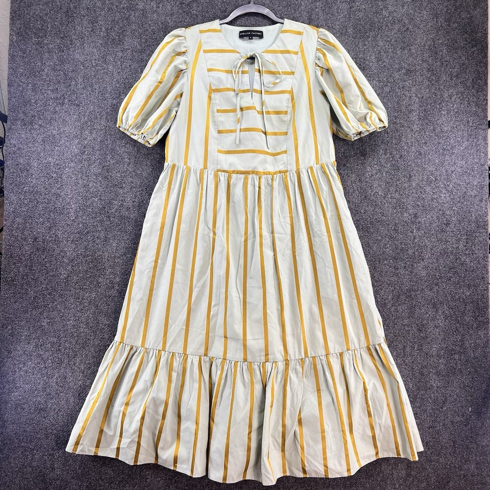 English Factory Stripe Puff Sleeve Midi Dress Small Mint Gold Cottagecore Prairi